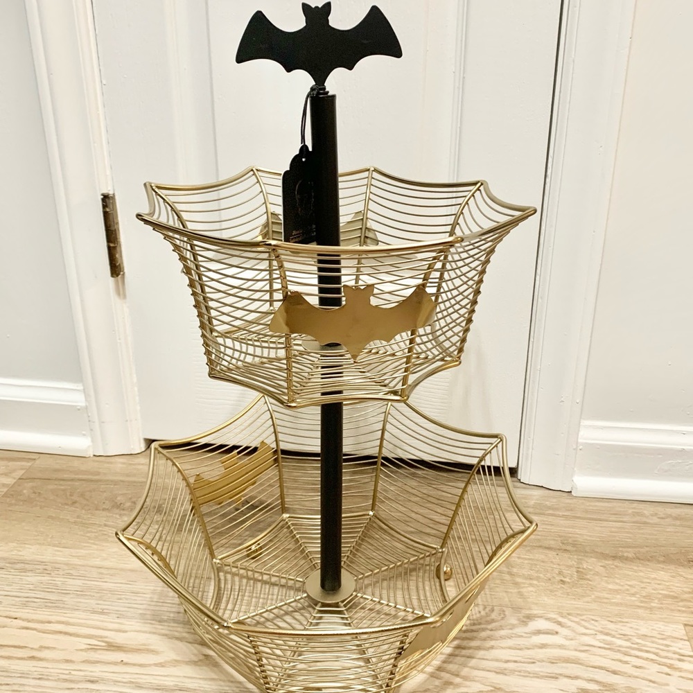 Bat Metal Plaque Fruit Basket - Gold & Black - Large - 20-1/2” Tall - NEW
